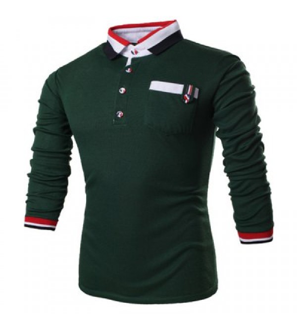Turn-Down Collar Long Sleeve Color Block Stripe Spliced Polo T-Shirt For Men