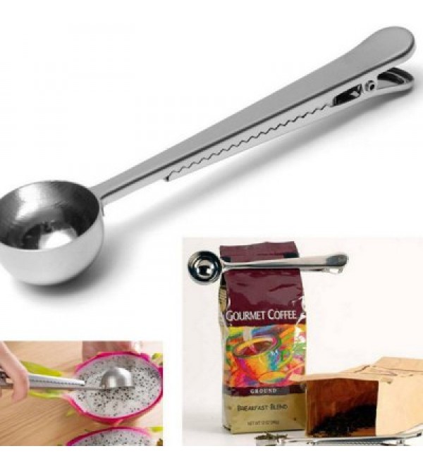 Multipurpose Stainless Steel Melon Scoop with Sealing Clamp For Coffee Milk Powder Tea Leaves