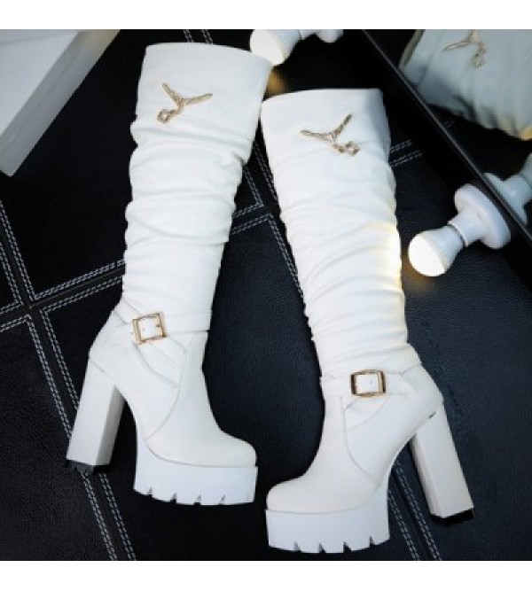 Chunky Heel Buckle Strap Knee High Boots