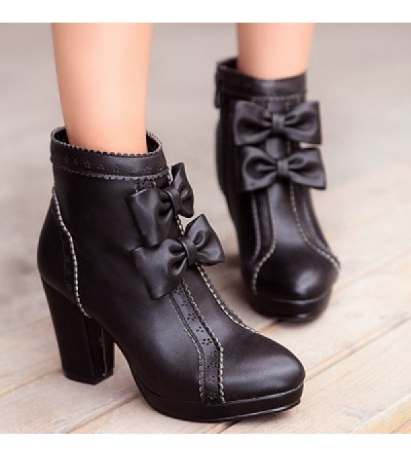 Chunky Heel Bowknot Scalloped Engraving Ankle Boots