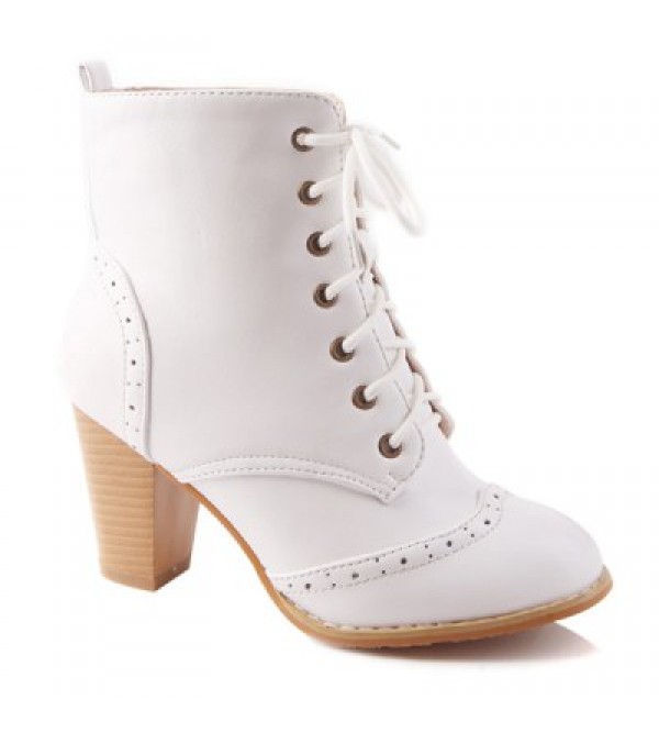 Chunky Heel Engraving Tie Up Ankle Boots