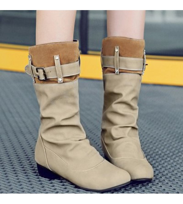 Buckle Rhinestone Ruched Mid-Calf Boots