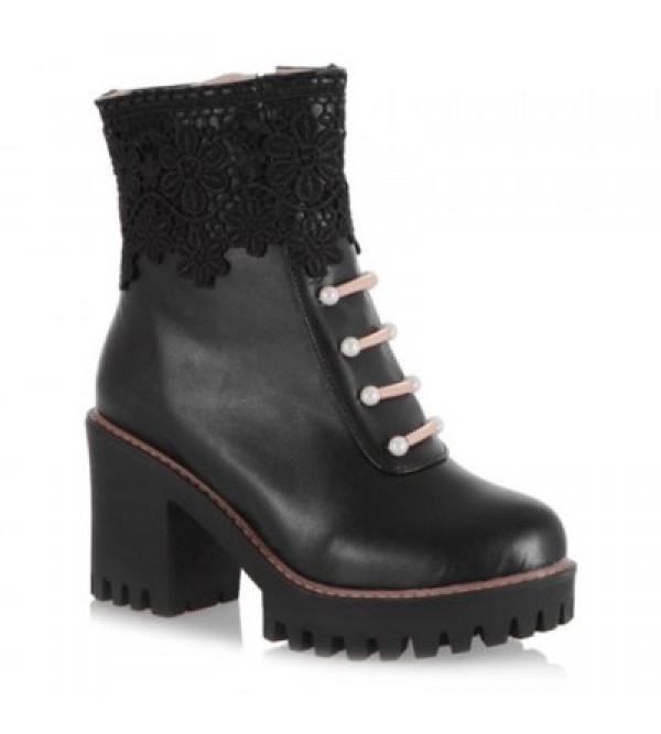 Chunky Heel Beaded Lace Spliced Ankle Boots