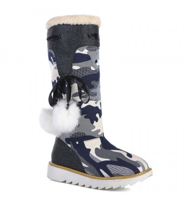 Casual Pompon Camo Print Flat Heel Boots