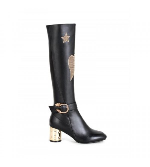 Buckle Heart Pattern Embroidery Knee-High Boots