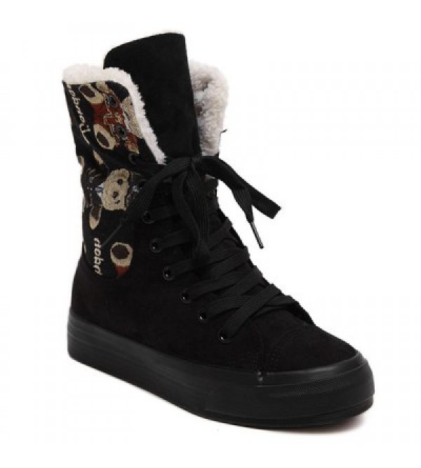 Bear Jacquard Platform Suede Mid-Calf Boots