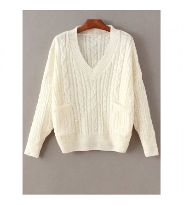 Cable Knit Double Pocket V Neck Sweater