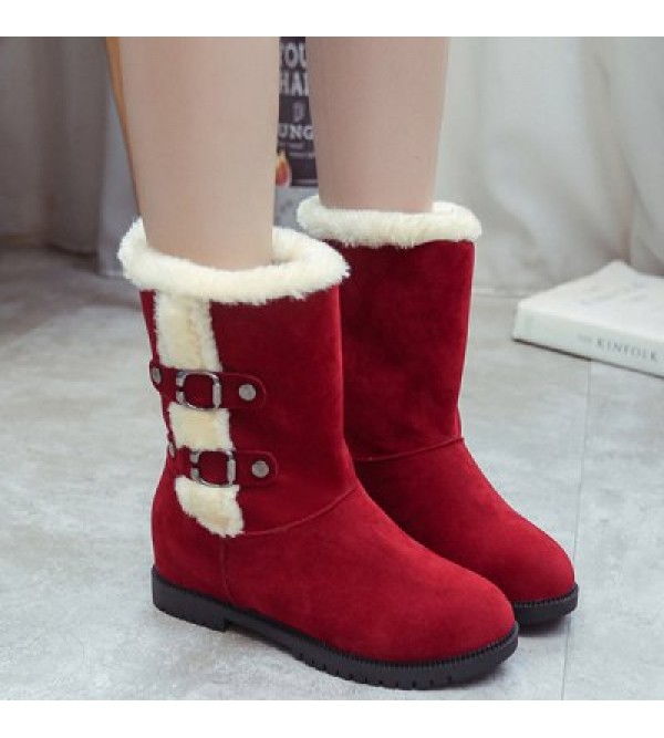 Buckle Suede Hidden Wedge Mid-Calf Boots