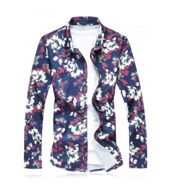 Plus Size Flower Leaves Print Long Sleeve Shirt