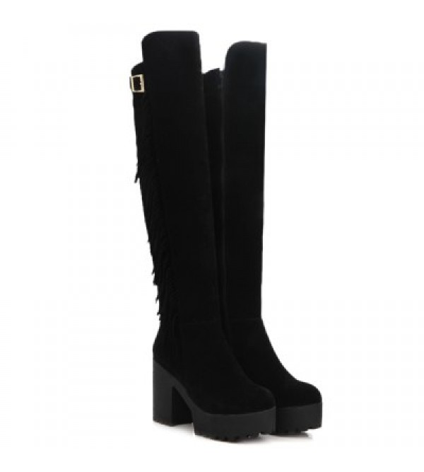 Chunky Heel Buckle Fringe Knee-High Boots