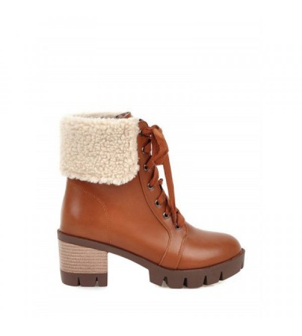 Faux Shearling Chunky Heel Lace-Up Boots