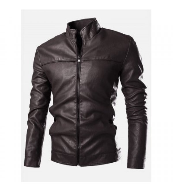 PU-Leather Stand Collar Zip-Up Jacket